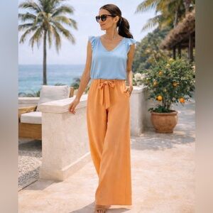 NWOT EVA MENDES x NEW YORK & CO Peach Wide Leg Pants Pull On Tie Belt Sz: XS
